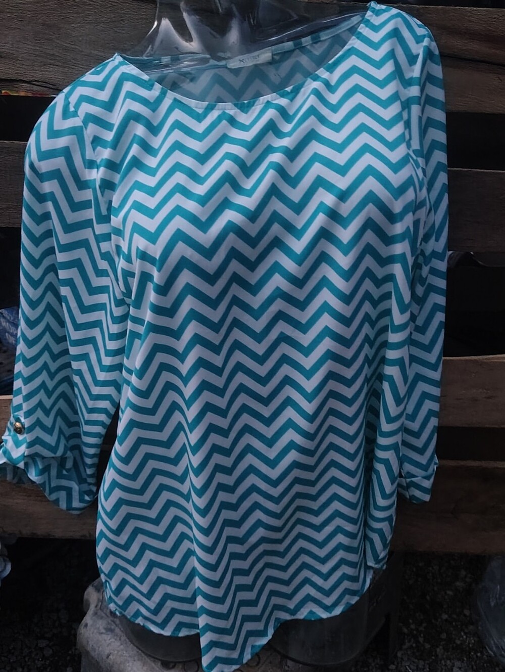 Everly Teal & White Chevron Boatneck Blouse